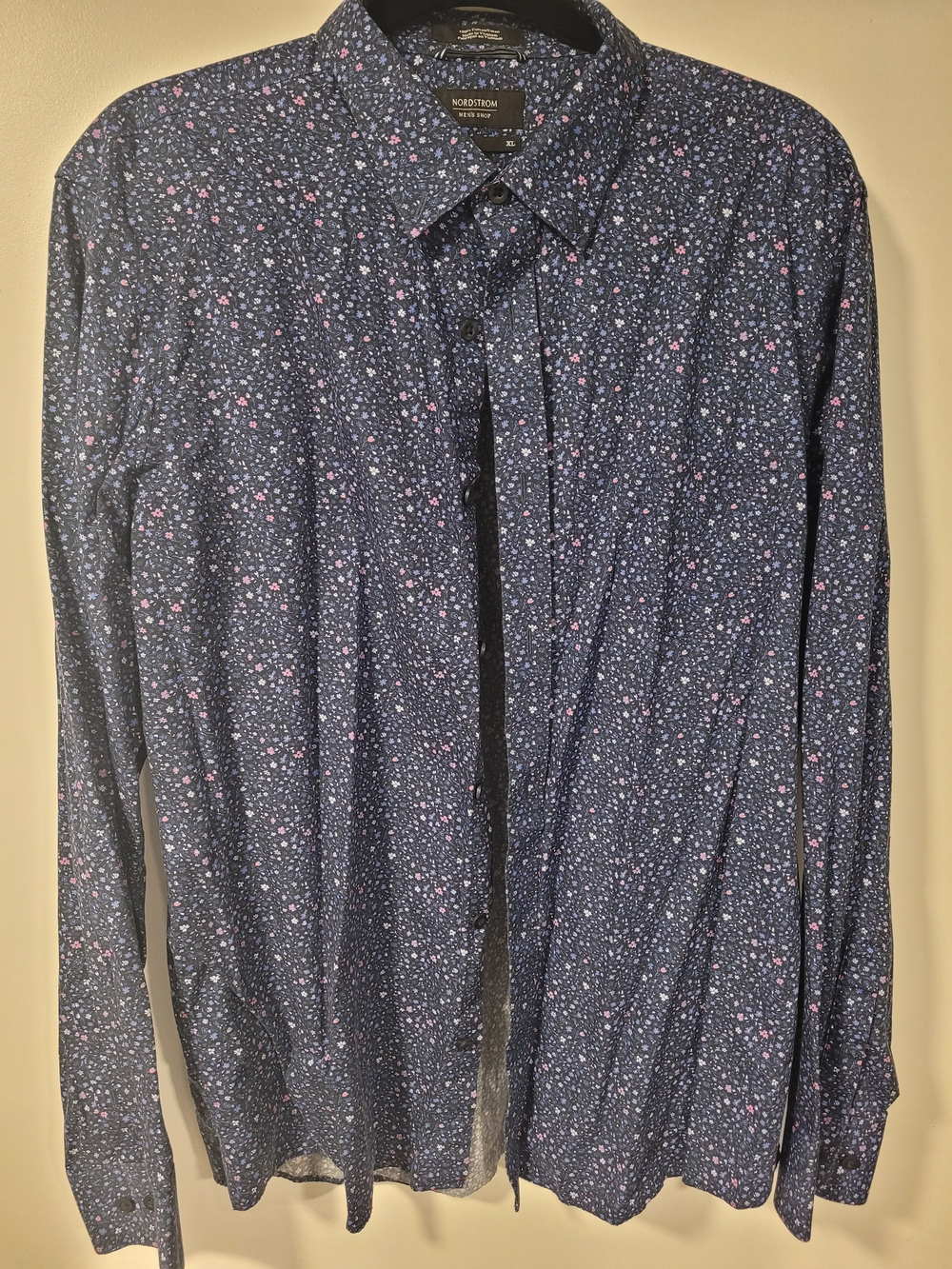 Nordstrom Men’s Navy Button-Down Shirt with Pink & White Floral Print